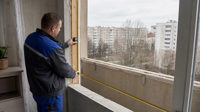 Человек проводит замер проёма лоджии, стоя внутри помещения.