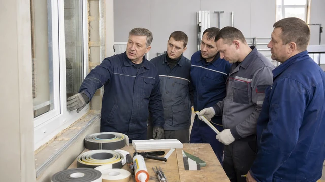 Несколько людей у оконного проёма обсуждают работу и материалы на столе.