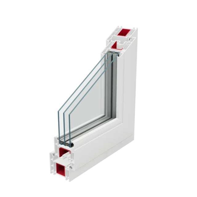 Разрез углового узла окна VEKA Softline 70 со стеклопакетом.